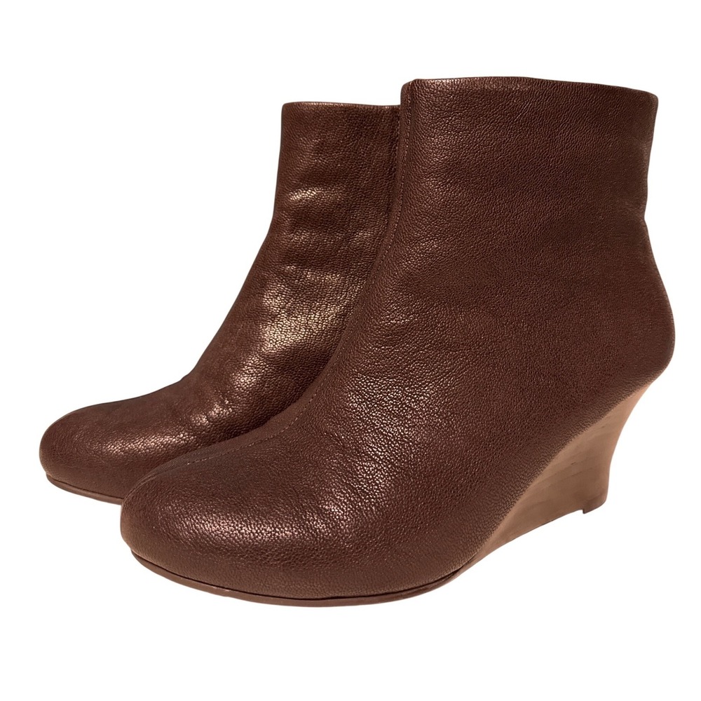 Brian James Brown Pebbled Leather Wedge Ankle Boots Metallic Finish Size 37